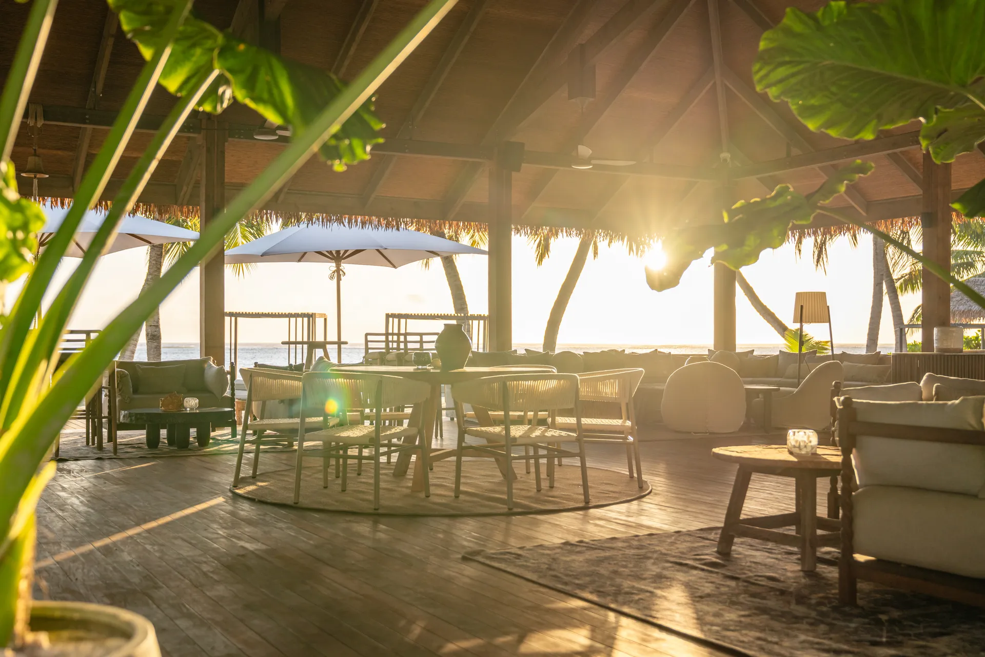 Sunset light through the palm-thatched lounge deck on Alphonse Island